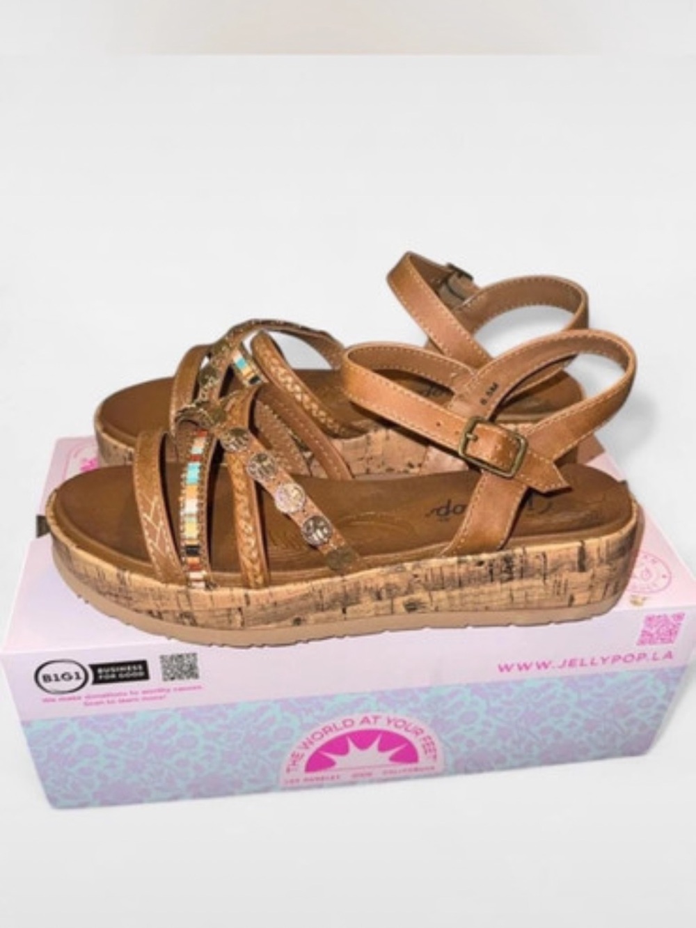 Woman’s 6.5 Tan Strappy Platform Sandals with Beaded Accent - Picture 2 of 3